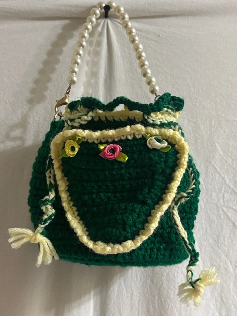 Handcrafted Green Crochet Drawstring hand Bag with Pearl Handle fairy floral